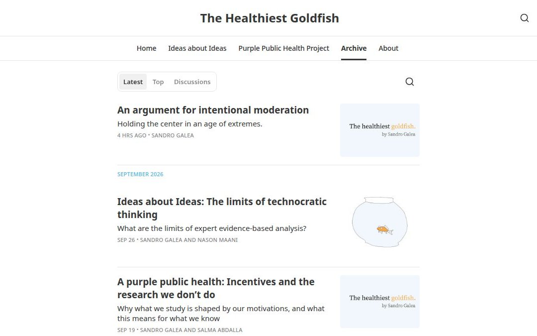 The archive page of The Healthiest Goldfish, Sandro Galea’s newsletter, showing its goldfish-bowl artwork