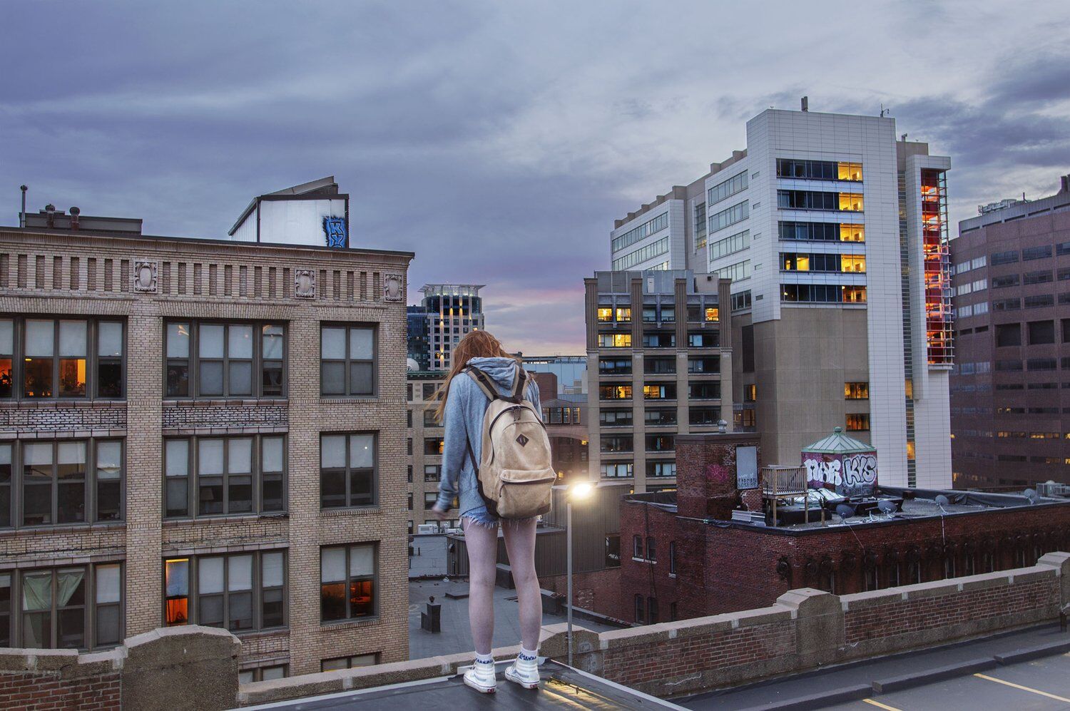 A figure on a rooftop overlooking a city at dusk
