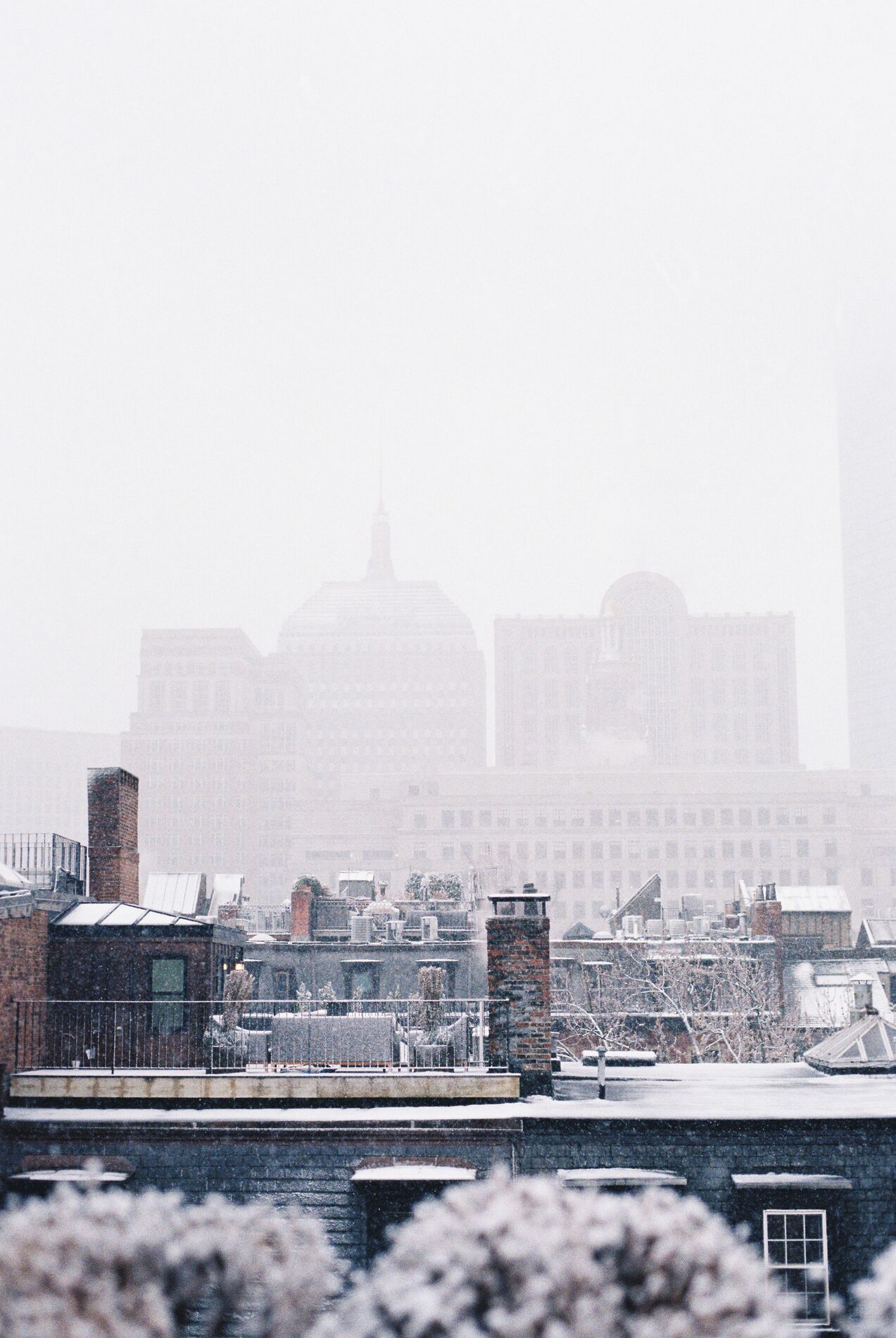 Snow-covered rooftops fading into winter fog