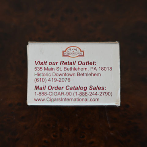 Cigars International matchbox, back